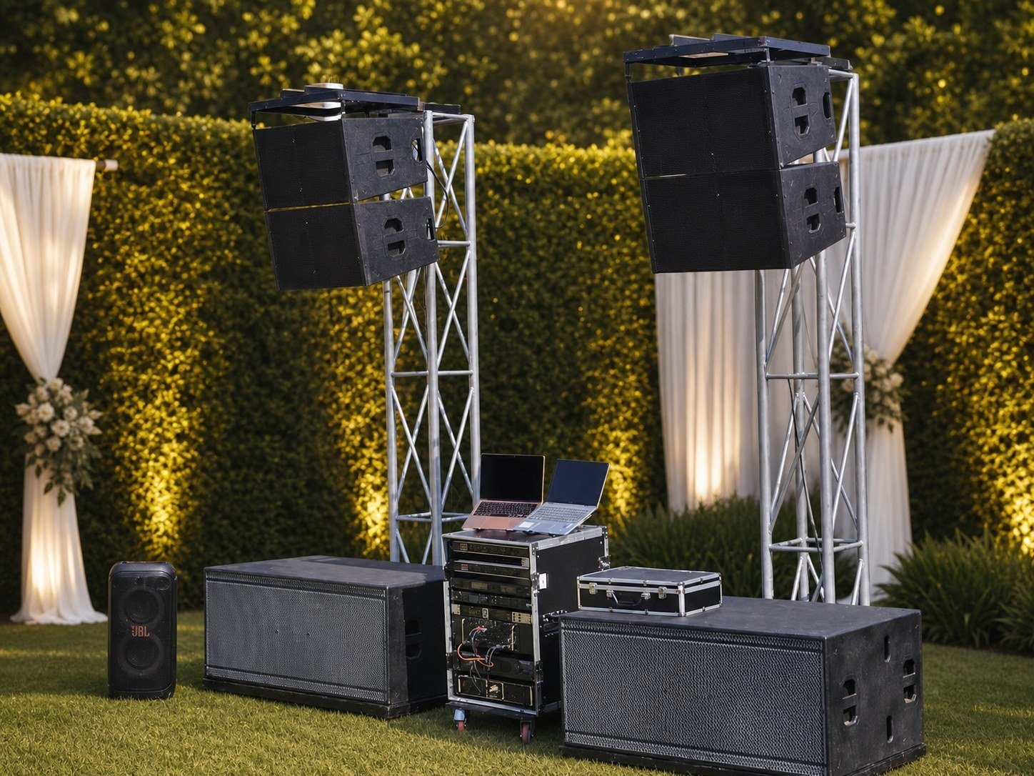 Tamyka professional line array and subwoofer sound system in an elegant garden setting