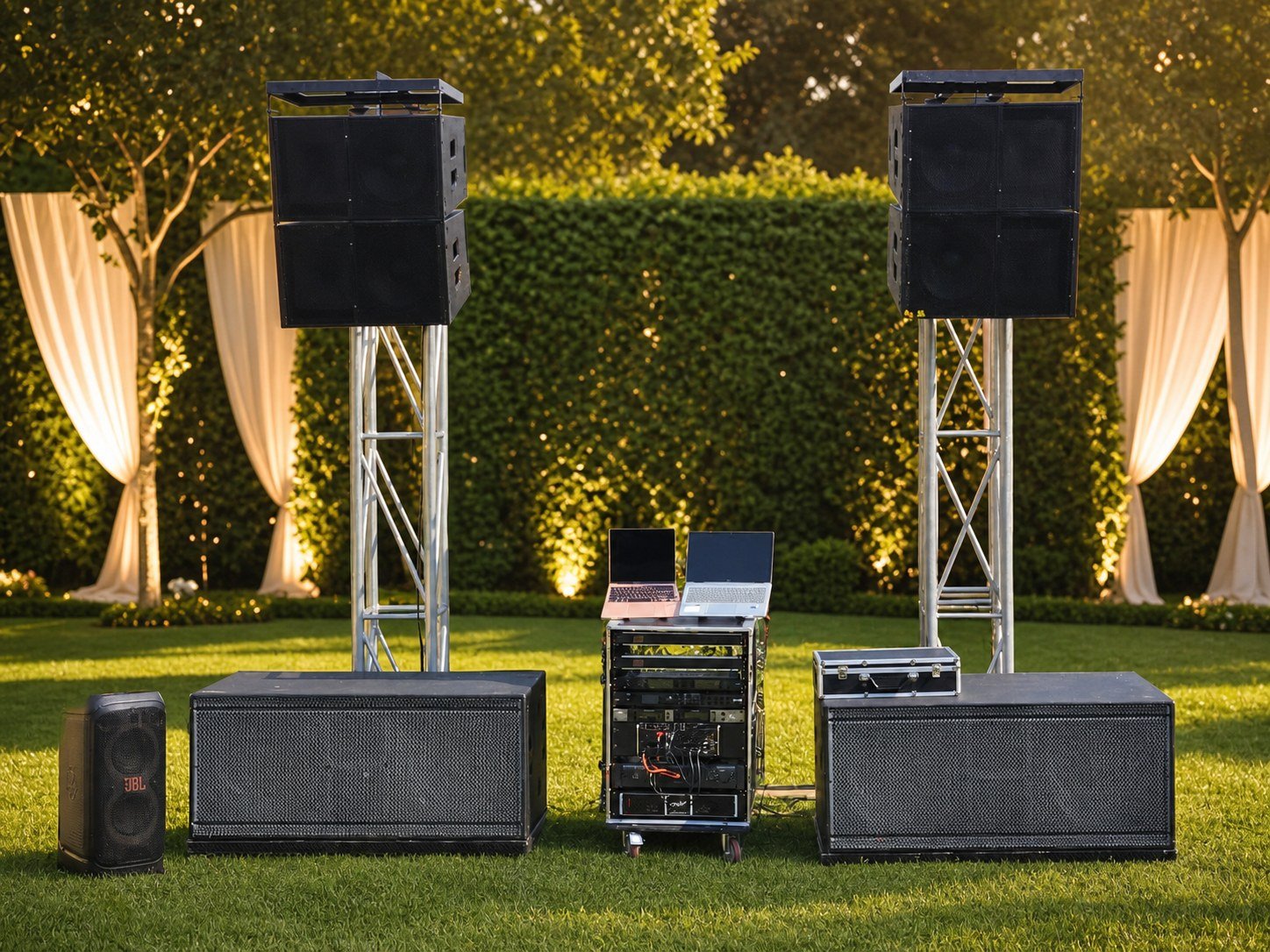 Tamyka professional event audio equipment in a premium garden setting